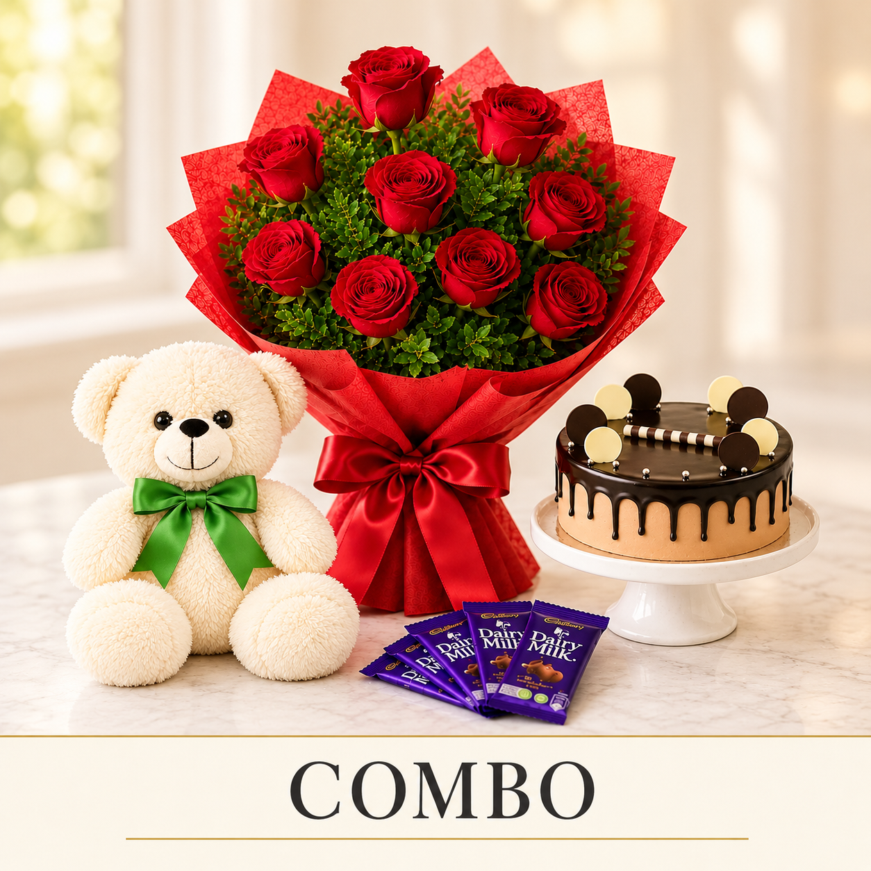 Combo — chocolate cake, teddy bear, red rose bouquet and chocolates from Magic Bakers, Palakkad