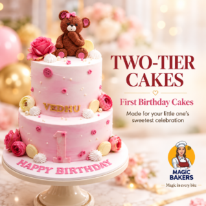 Pink Teddy Bear Two-Tier First Birthday Cake
